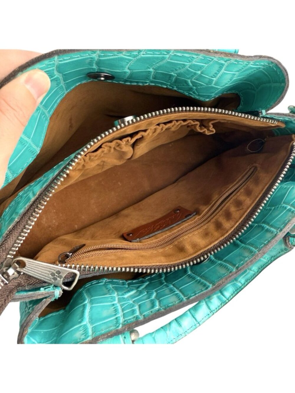 PATRICIA NASH NORCIA Aqua Leather Croc Embossed Handbag Crossbody w/ Coin Purse - Picture 12 of 16